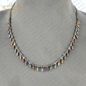 925 Silver Multi Sapphire Gemstone Necklace, 925 Silver Gemstone Necklace, Multi Sapphire Necklace, 925 Silver Sapphire Gemstone Necklace