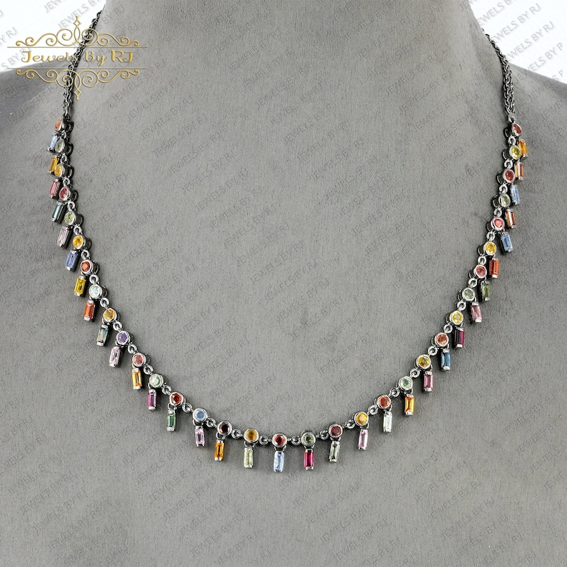 925 Silver Multi Sapphire Gemstone Necklace, 925 Silver Gemstone Necklace, Multi Sapphire Necklace, 925 Silver Sapphire Gemstone Necklace