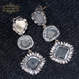 Pendiente de diamantes Polki Slice y Baguette, pendientes de diamantes en plata de 14k y 925, pendiente de piedras preciosas de plata, pendiente, pendiente de diamantes Polki