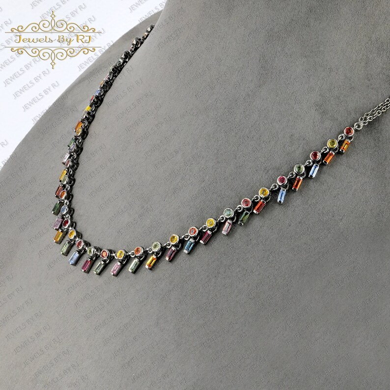 925 Silver Multi Sapphire Gemstone Necklace, 925 Silver Gemstone Necklace, Multi Sapphire Necklace, 925 Silver Sapphire Gemstone Necklace