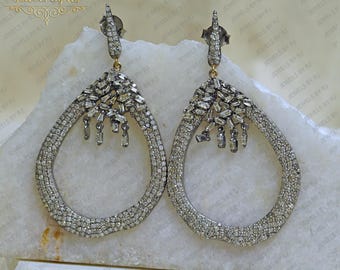 Oxidized Sterling Silver Diamond Drop Earrings: Pave Diamond Jewelrygift for her