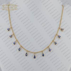 14K Solid Gold Diamond & Blue Sapphire Gemstone Necklace, 14K Blue Sapphire Necklace, Sapphire White Diamond Choker Necklace, 14K Necklace
