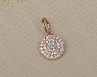 14K massief effenen diamantschijfhanger, 14K massief roségouden diamantschijfbedel, 10 mm gouden diamanten hanger, 14K roségouden diamantschijfhanger