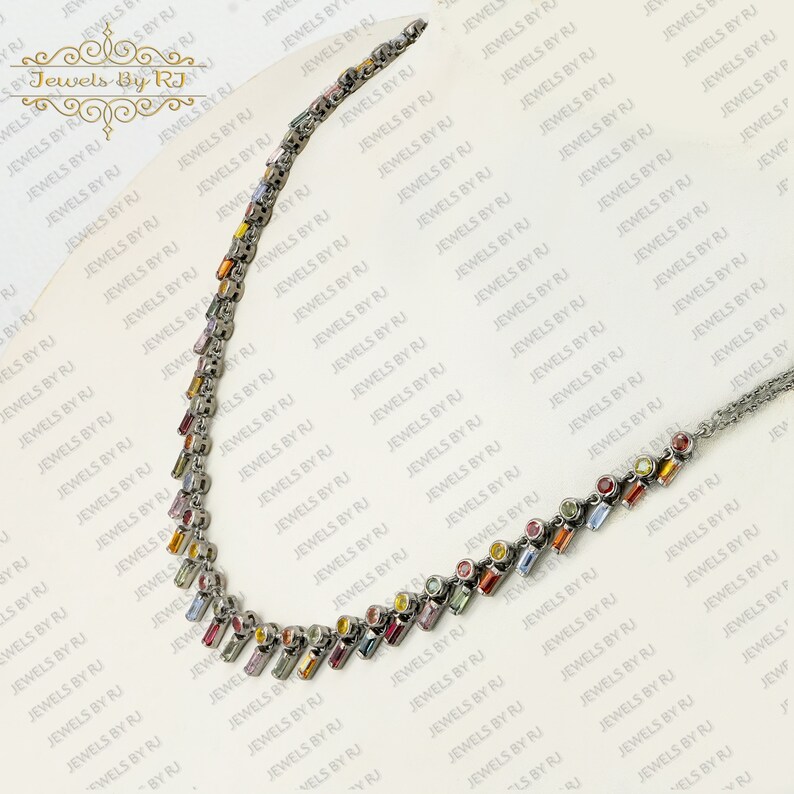 925 Silver Multi Sapphire Gemstone Necklace, 925 Silver Gemstone Necklace, Multi Sapphire Necklace, 925 Silver Sapphire Gemstone Necklace