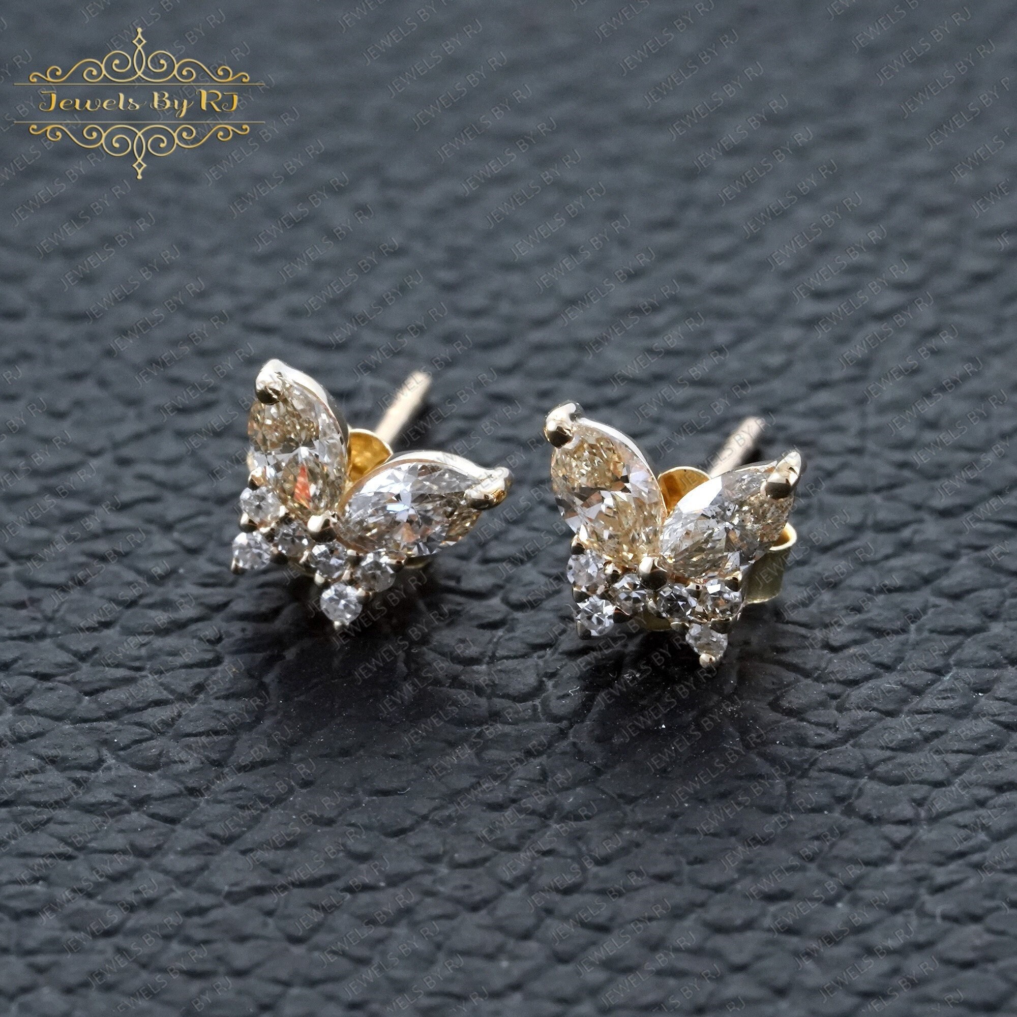14K Solid Yellow Gold & Silver Butterfly Studs Earrings