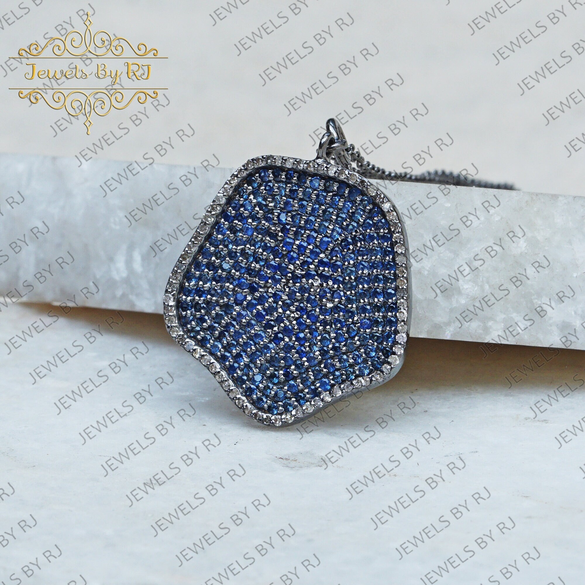 Pave Diamond & Blue Sapphire Pendant, Silver Blue Sapphire