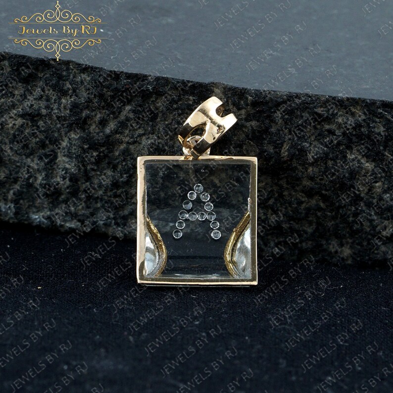 14K Solid Yellow Gold White Diamond in Crystal Square Pendant, White Diamond A Initial Pendant, Genuine Diamond in Square Crystal Pendant image 6