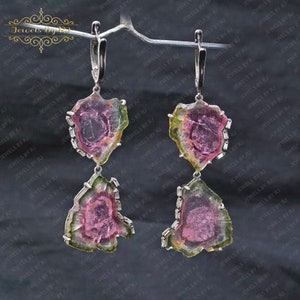 Pendientes de diamantes de turmalina y baguette, pendientes de diamantes de turmalina de plata 925, pendientes de piedras preciosas de plata, pendientes de gota de turmalina y pendientes colgantes