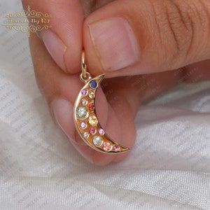 14K Solid Gold Multi Sapphire Crescent Moon Pendant, Yellow Gold Moon Gemstone Pendant, Multi Sapphire Gold Moon Pendant, 14K Gold Pendant