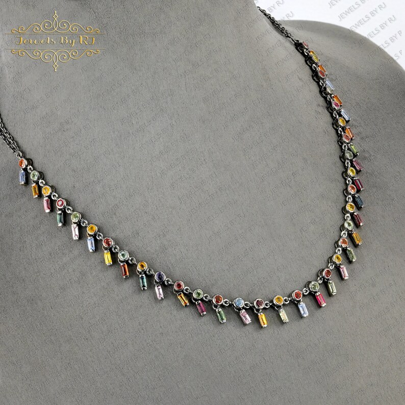 925 Silver Multi Sapphire Gemstone Necklace, 925 Silver Gemstone Necklace, Multi Sapphire Necklace, 925 Silver Sapphire Gemstone Necklace