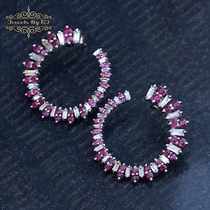Ruby Gemstone & Baguette Diamond 925 Silver Curve Stud Earrings, Gemstone and Diamond Silver Studs, Gift For Her, Diamond Hoop Earrings