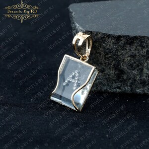 14K Solid Yellow Gold White Diamond in Crystal Square Pendant, White Diamond A Initial Pendant, Genuine Diamond in Square Crystal Pendant image 3