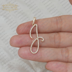 Pingente inicial J em ouro maciço 14K, pingente inicial J de diamante, pingente inicial de diamante em ouro amarelo, inicial J, pingente de diamante inicial de 32 mm