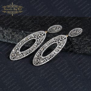 Baguette Diamond Dangle Earring, 14K & 925 Silver Diamond Baguette Earrings, Silver Diamond Dangle Earrings, Diamond Designer Dangle Earring