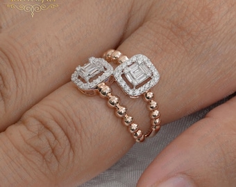 Anillo de diamantes con doble halo y cuentas de oro, banda art déco con corte baguette cuadrado, anillo moderno y delicado apilable, regalo para ella – Jewels by RJ