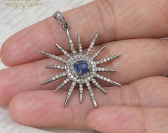 925 Silver Diamond Sapphire Starburst Pendant, Handmade