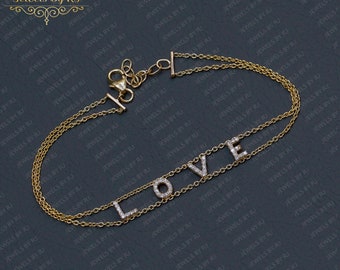 Pulsera inicial LOVE de diamante blanco de 14 quilates, pulsera de nombre personalizado, pulsera de oro inicial personalizada, pulsera de oro inicial de diamantes, pulsera de nombre de 14K