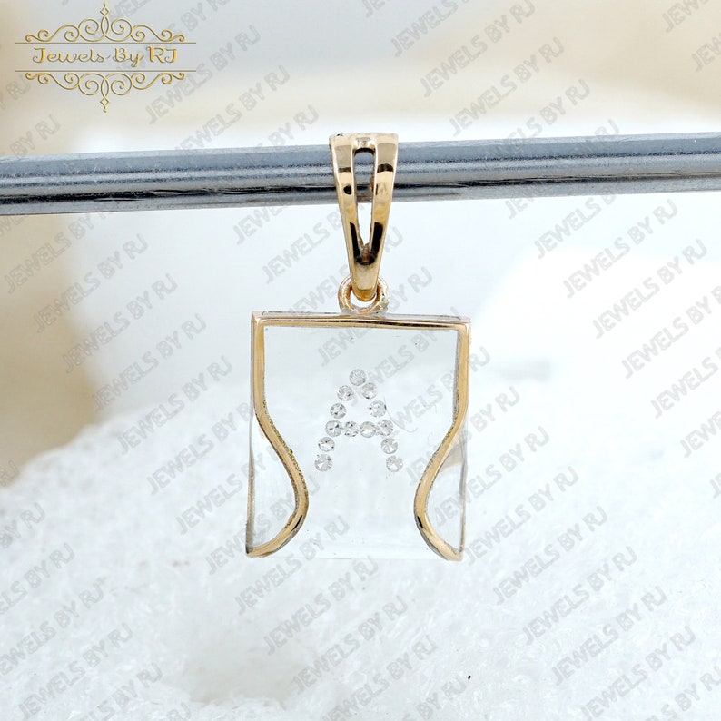 14K Solid Yellow Gold White Diamond in Crystal Square Pendant, White Diamond A Initial Pendant, Genuine Diamond in Square Crystal Pendant image 4