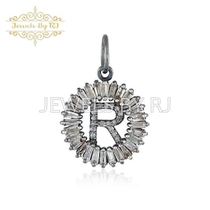 Colgante de plata Baguette & Diamond Alphabet, Colgante inicial Baguette Diamond R, colgante de plata colgante unisex, 925Silver Charms-16MM