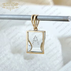 14K Solid Yellow Gold White Diamond in Crystal Square Pendant, White Diamond A Initial Pendant, Genuine Diamond in Square Crystal Pendant image 2