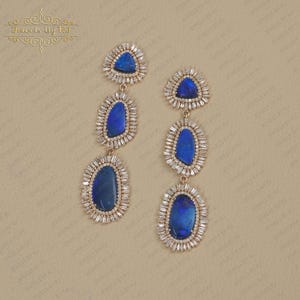 14K Gold Long Blue Opal & Diamond Drop Earrings, Statement Gemstone Dangle Jewelry,  Long Triple Dangle Statement Gemstone Jewelry