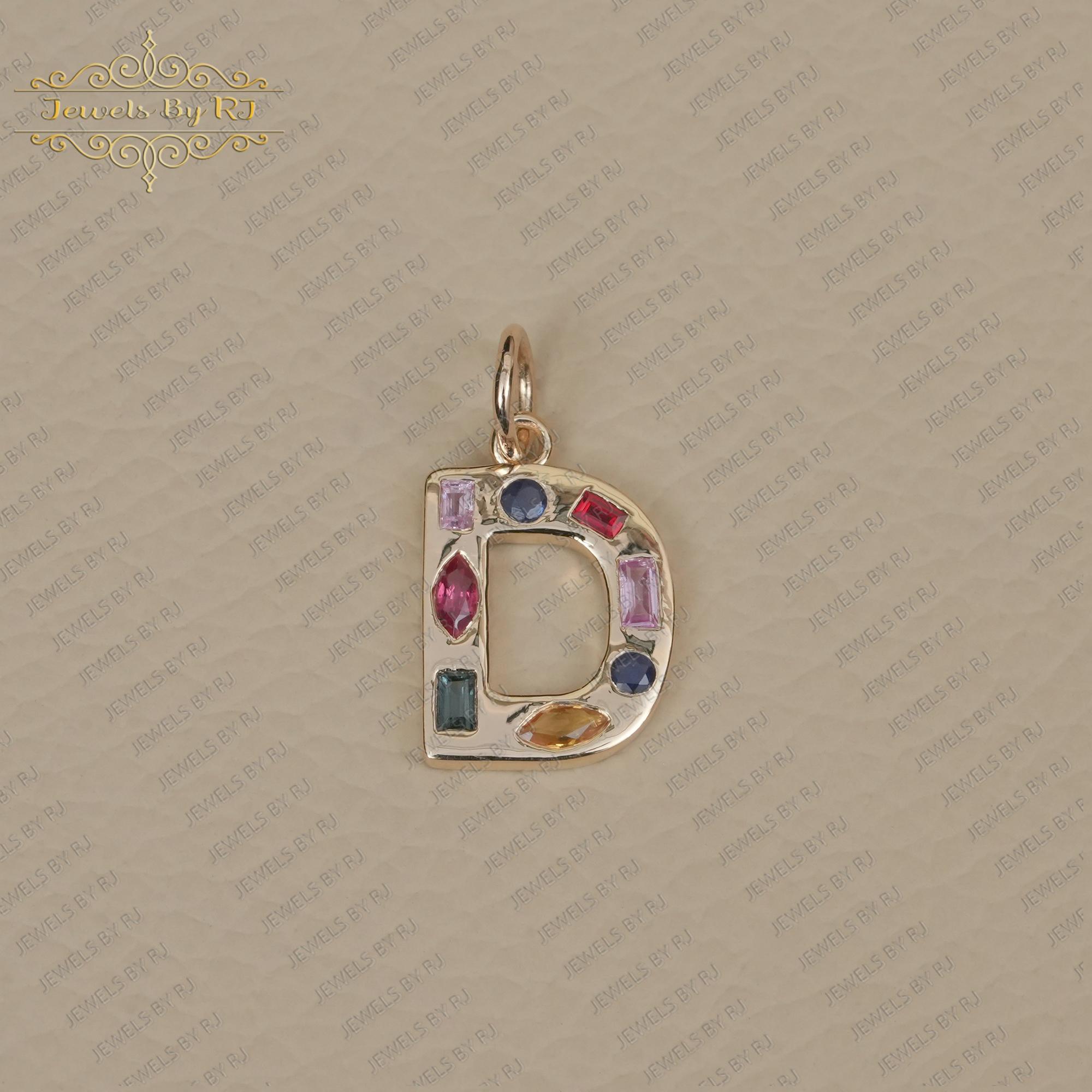 14K Solid Gold Multi Sapphire Initials, D Initials, Christmas Gift Pendant, Valentine Gifts Initials, Gold Gemstone Initials, Gold Initials