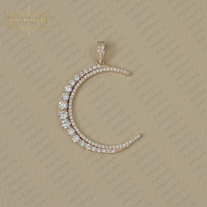 14k Gold White Diamond Crescent Moon Pendant, 14K Moon Double Cut Diamond Pendant, Diamond Moon Pendant, Diamond Moon, 30mm  Diamond Pendant