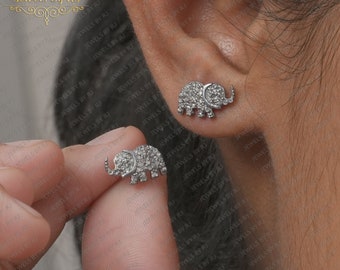 Pave Diamond Elephant Stud Earring, 925 Silver Gold Plated Stud Earring, Silver Diamond Earring, Pave Diamond Earring, Pave Diamond Jewelry
