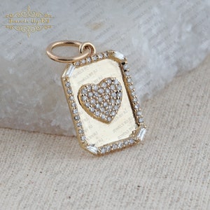 14K White Diamond Heart Tag Pendant, 14K Solid Yellow Gold Diamond Pendant, Gold Diamond Dog Tag Pendant, 14K Solid White Diamond Tag Charm
