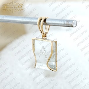 14K Solid Yellow Gold White Diamond in Crystal Square Pendant, White Diamond A Initial Pendant, Genuine Diamond in Square Crystal Pendant image 5