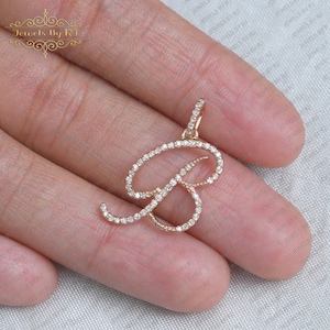 Ouro maciço 14K diamante branco inicial B, pingente de ouro com diamante pavê, pingente com nome inicial personalizado, iniciais B, pingente de diamante com palavras e último