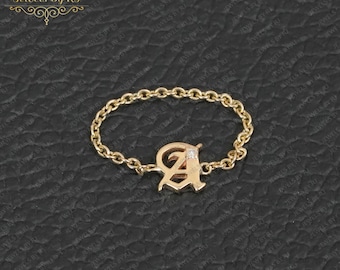 Anillo de oro macizo de 14 k con inicial de diamante, anillo personalizado, anillo de oro de 14 k, anillo de cadena, anillo minimalista, anillo con el alfabeto, anillo para mujer, anillo con letra