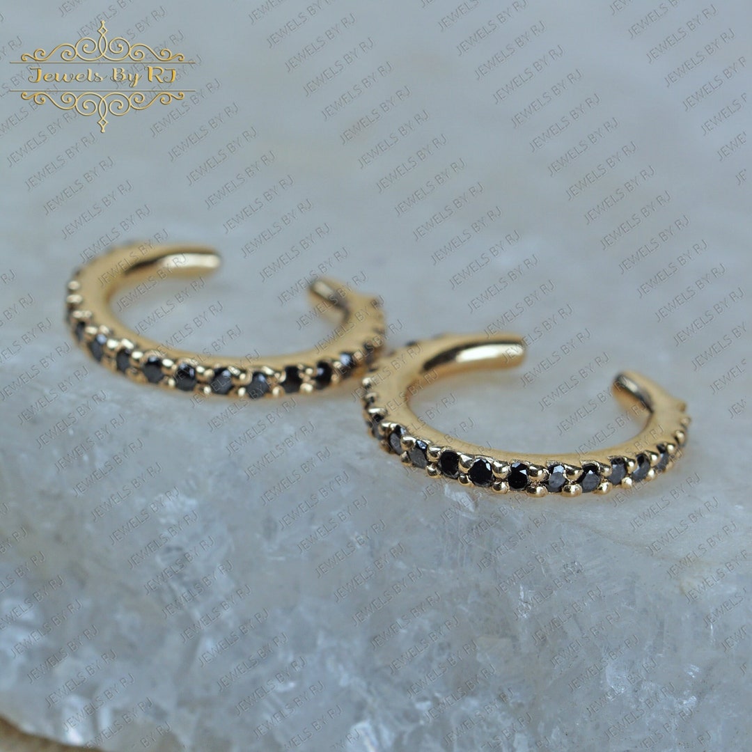 14K Solid Gold Black Diamond Ear Cuff, Solid Gold Yellow Ear Cuff, 14K