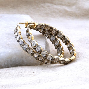Diamond & Rose Cut Polki Diamond Hoop Earring, Rose cut Polki Diamond Hoop Earrings, 925 Silver Gold Plated 40MM Rose Cut Diamond Hoop