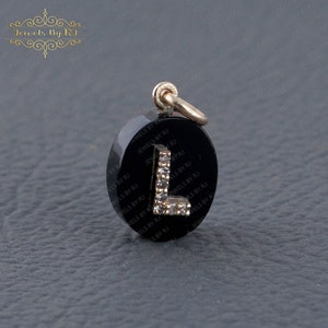 Oro y diamante L inicial en encanto de ónix negro, encanto inicial de diamante, encanto de letra de diamante, inicial alfabético, encanto inicial personalizado