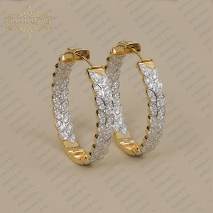 14K Gold White Diamond Hoop Earring, Double Cut White Diamond Yellow Gold Hoop Earrings, Pave White Diamond Hoop Earrings, Gold Hoop Earring