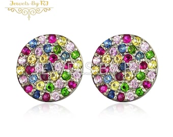 Mulit Gemstone Stud Earring, 925 Silver Multi Stone Studs, 10mm Multi Color Gemstone Studs Earrings, Gemstone Stud Earrings, Silver Stud