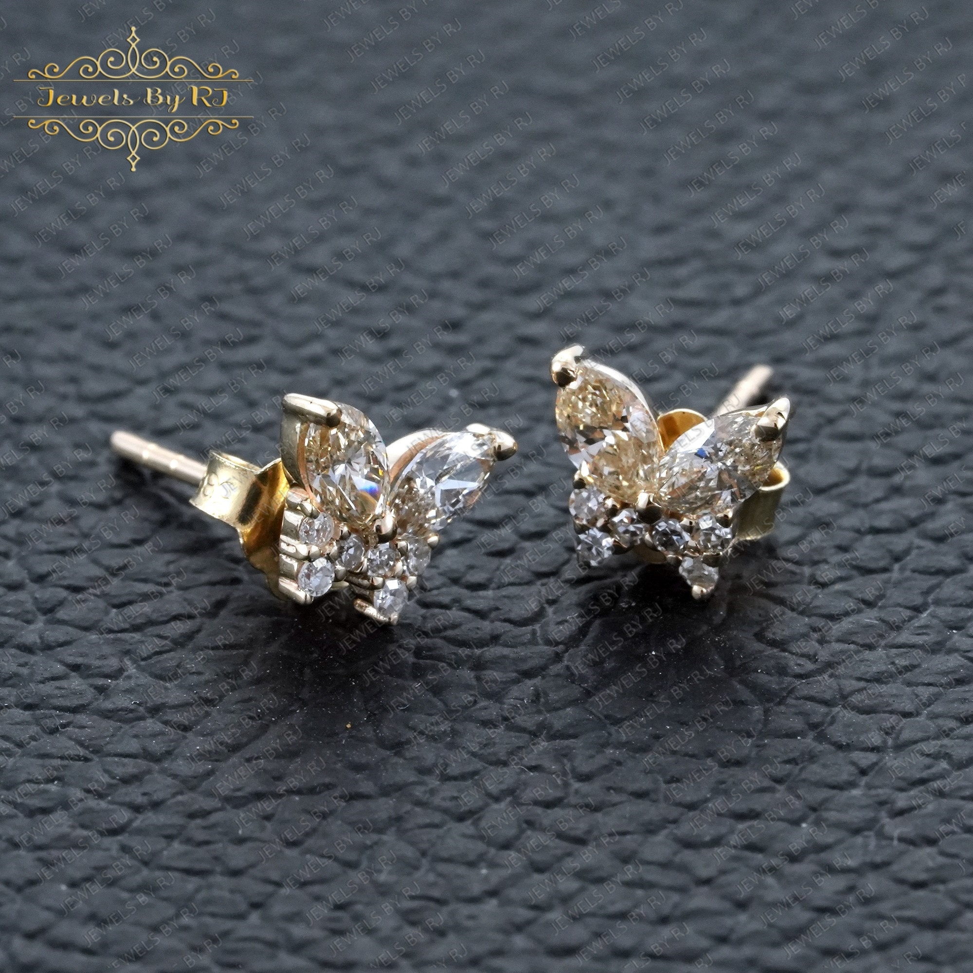 14K Solid Yellow Gold & Silver Butterfly Studs Earrings