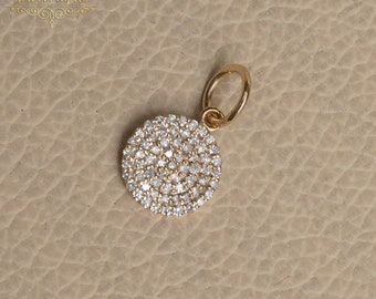 14K massief effenen diamantschijfhanger, 14K massief gouden diamantschijfbedel, 10 mm gouden diamanten hanger, 10 mm gouden diamantschijf hanger sieraden
