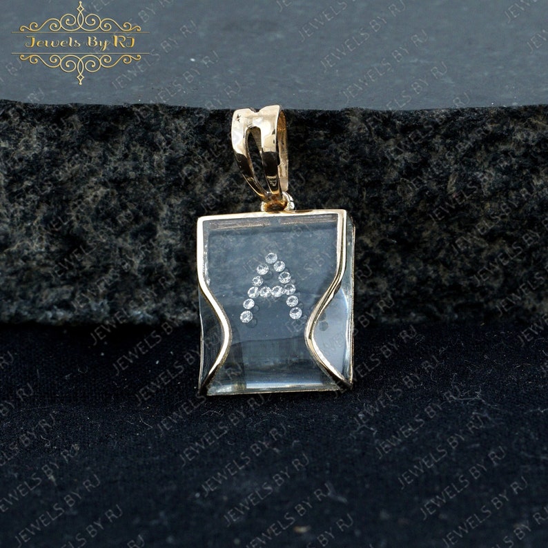 14K Solid Yellow Gold White Diamond in Crystal Square Pendant, White Diamond A Initial Pendant, Genuine Diamond in Square Crystal Pendant image 1