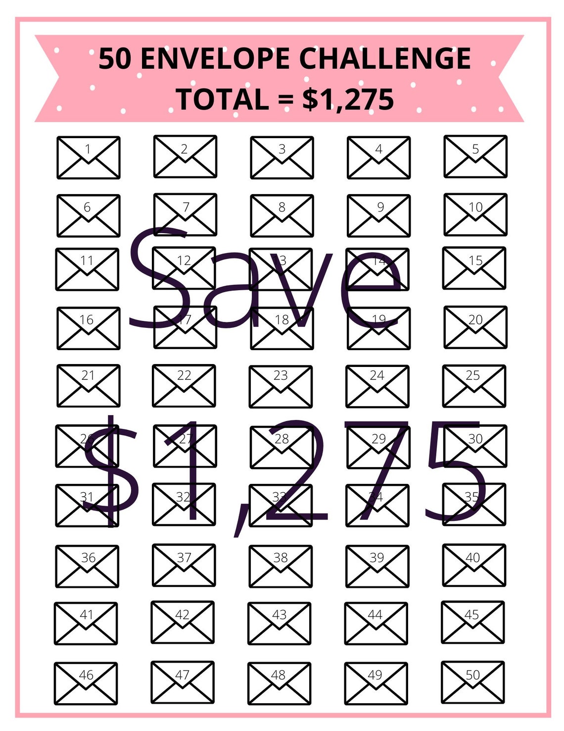 50 Envelope Challenge PRINTABLE Savings Challenge | Etsy