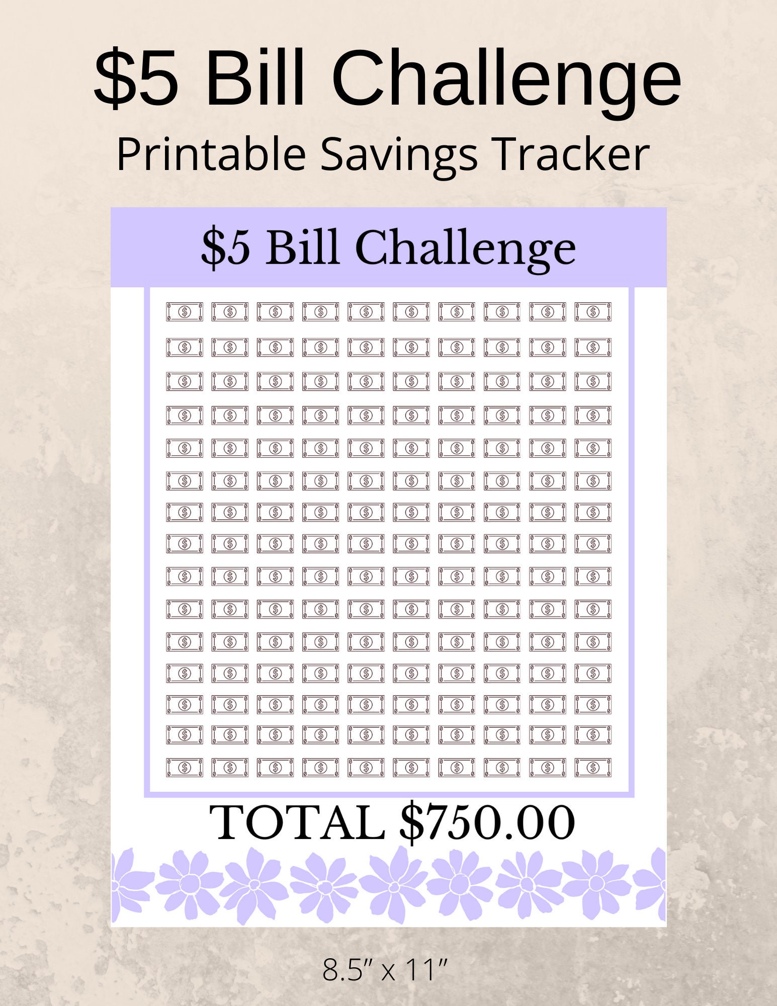 Printable 5 Dollar Bill Savings Challenge Savings Tracker Etsy France