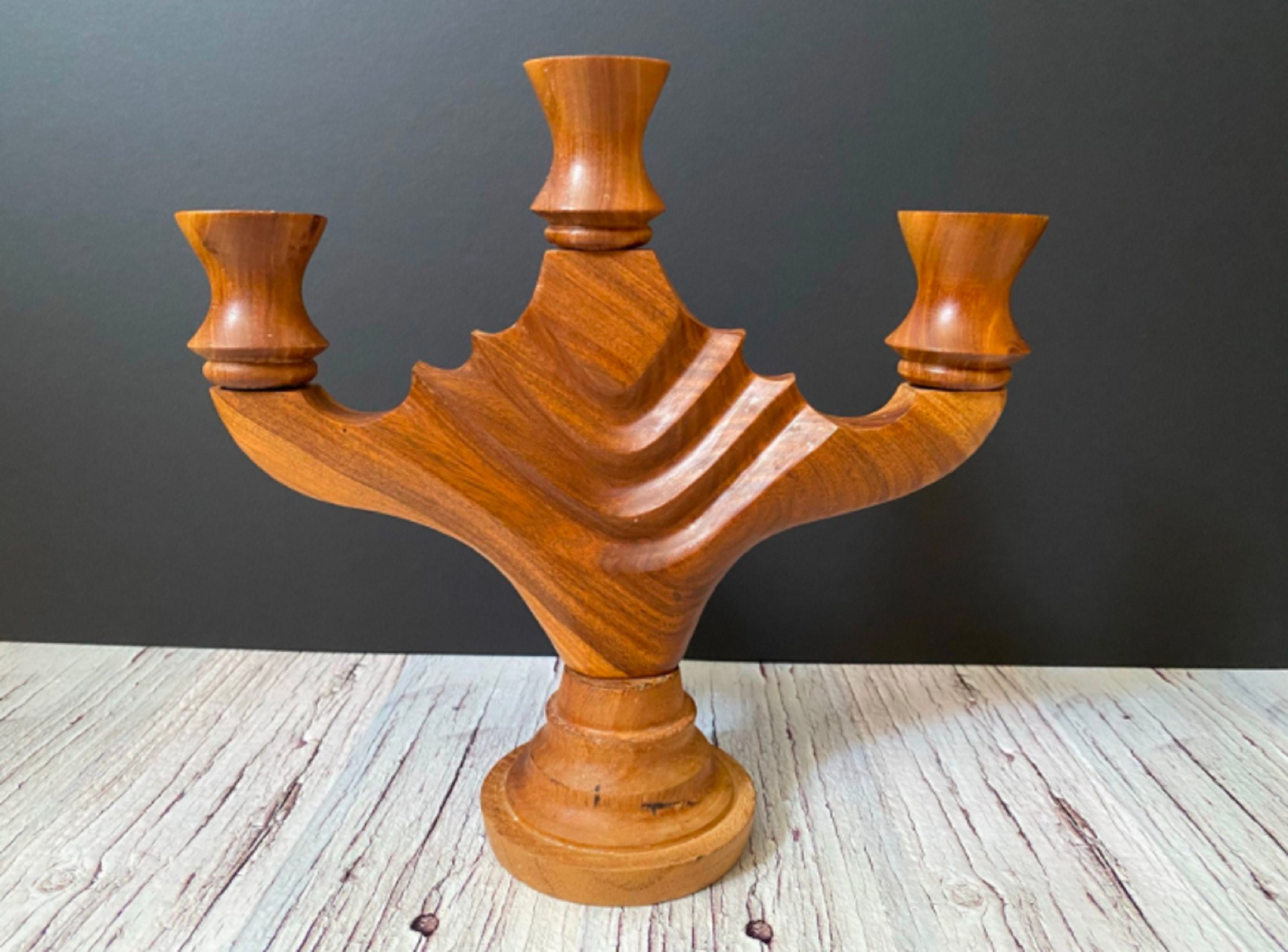 Candlestick Wooden Holder Vintage Handmade Three Carved Branch Etsy UK