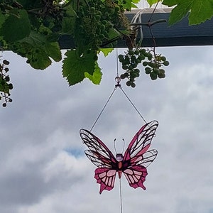 Stained glass red/pink housewarming and lovely butterfly, homemade Suncatcher, Christmas gift for her/him