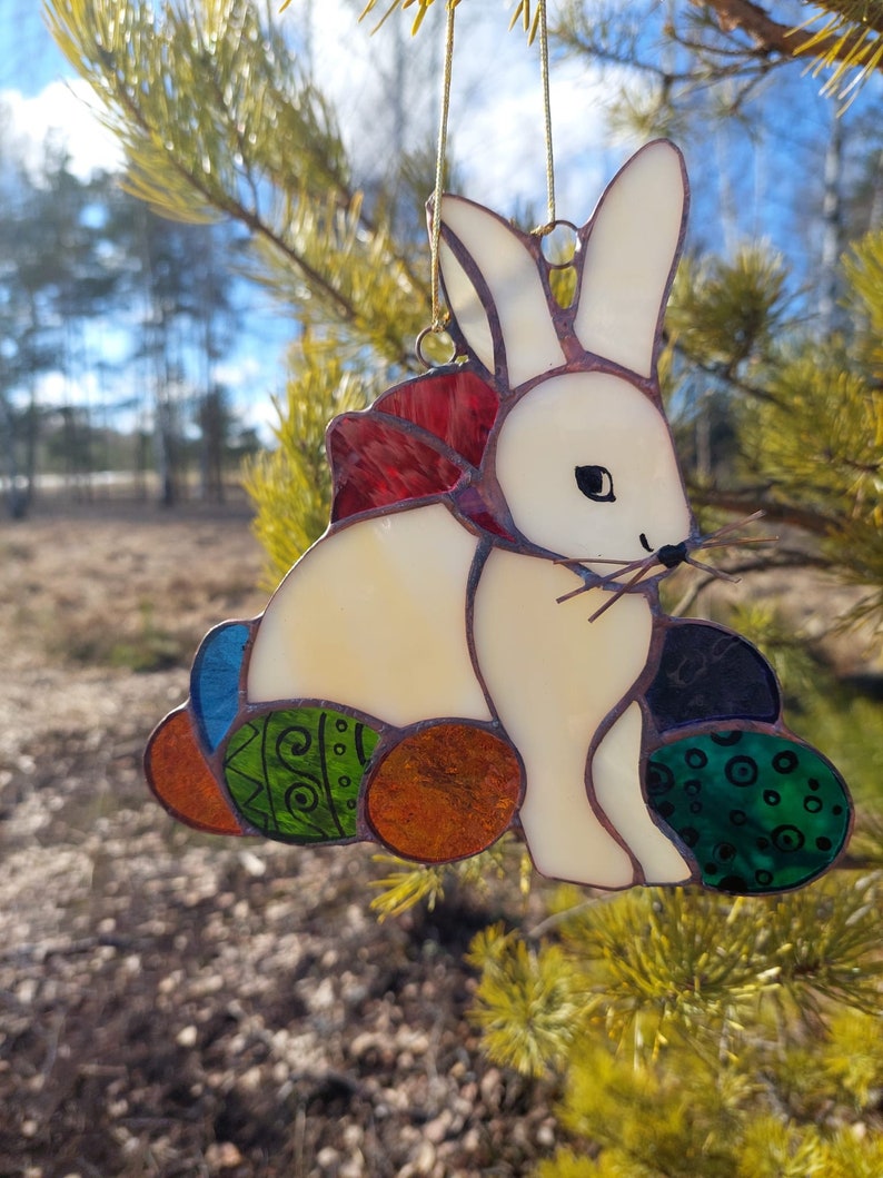 Stained Glass Easter Bunny Eggs Suncatcher Etsy