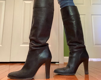 J Crew vintage knee high leather boots made in Italy high heel slouchy sexy 70s style