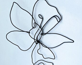 Lily Flower and Few Grass Stems Minimalist. Handmade Single Line Wire Flower. Unique and Artistic Wall Decor.