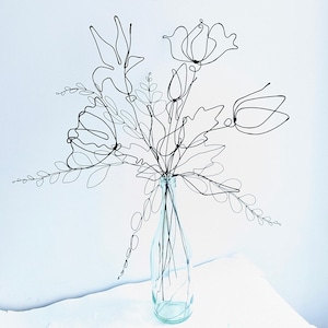 Vase & Wall Wire Flowers Black. Set Of 4 Steel Metal Flowers And 7 More Stems For Home Decor And Gifts. Eternal Wire Art.