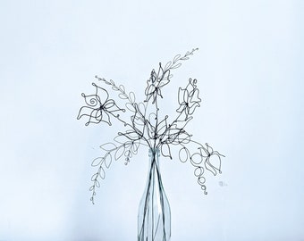 Wire Rose Flowers. Handmade Steel Wire Flower Bouquet for Vase and Wall Decor. Set of 3 Roses and 7 Other Stems. Unique Handmade Flowers.