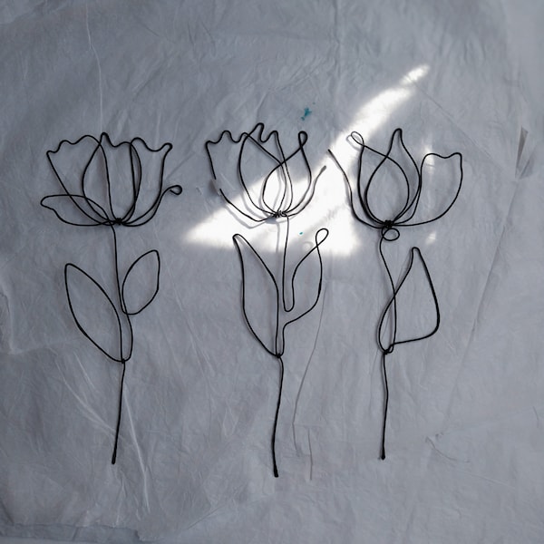 3 Black Hard Steel Tulips Wire Sculpture. 10" High Flowers For Wall Decorations. Home& Office Decor. Handmade Wire Art.